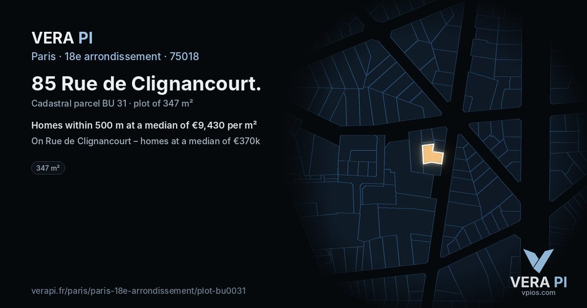 85 Rue de Clignancourt, 18e arrondissement at night – the plot lit, the parcels around coloured by the prices near them