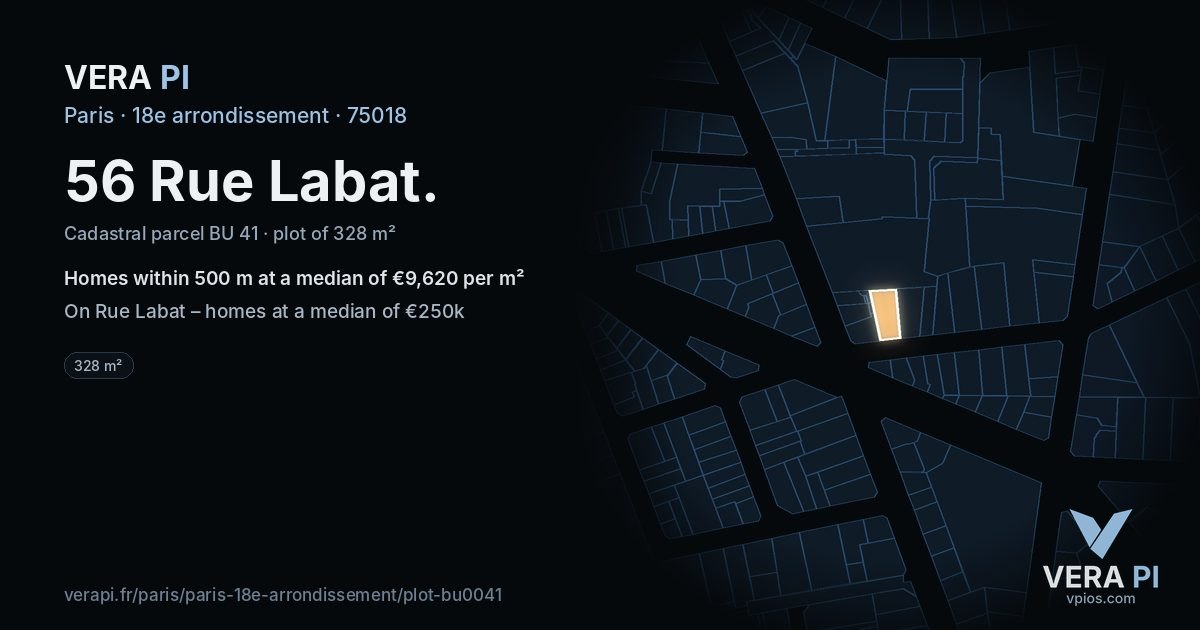 56 Rue Labat, 18e arrondissement at night – the plot lit, the parcels around coloured by the prices near them