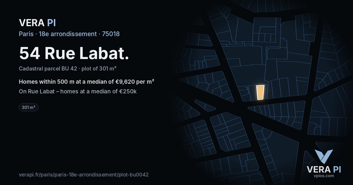 54 Rue Labat, 18e arrondissement at night – the plot lit, the parcels around coloured by the prices near them