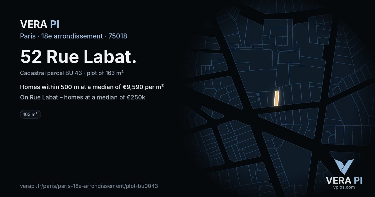 52 Rue Labat, 18e arrondissement at night – the plot lit, the parcels around coloured by the prices near them