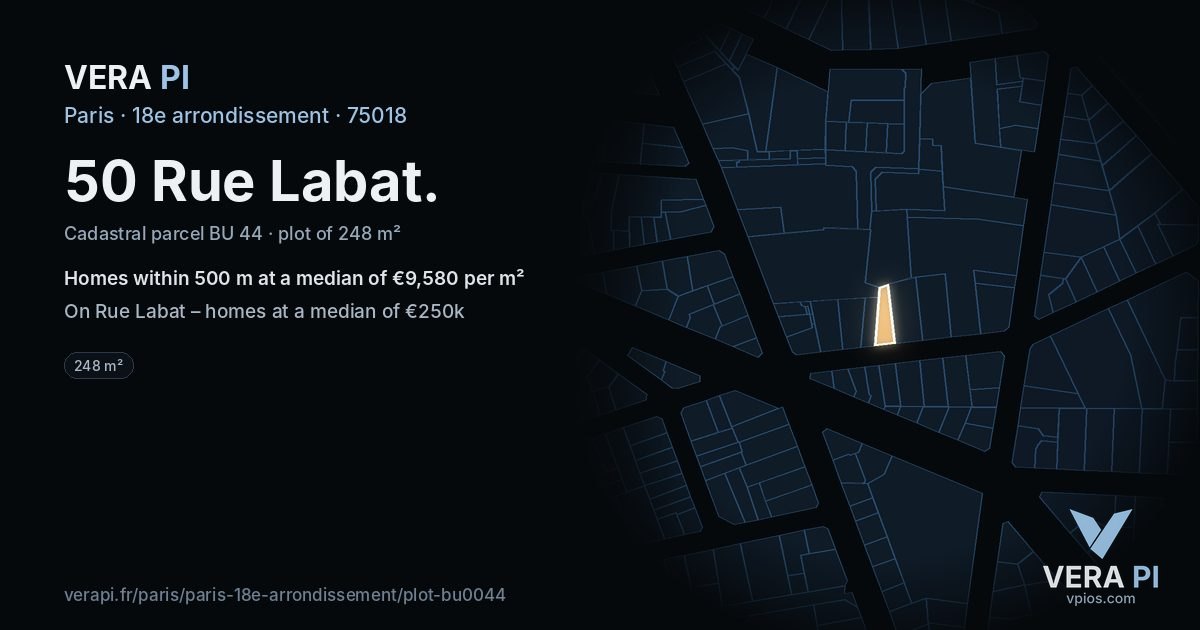50 Rue Labat, 18e arrondissement at night – the plot lit, the parcels around coloured by the prices near them