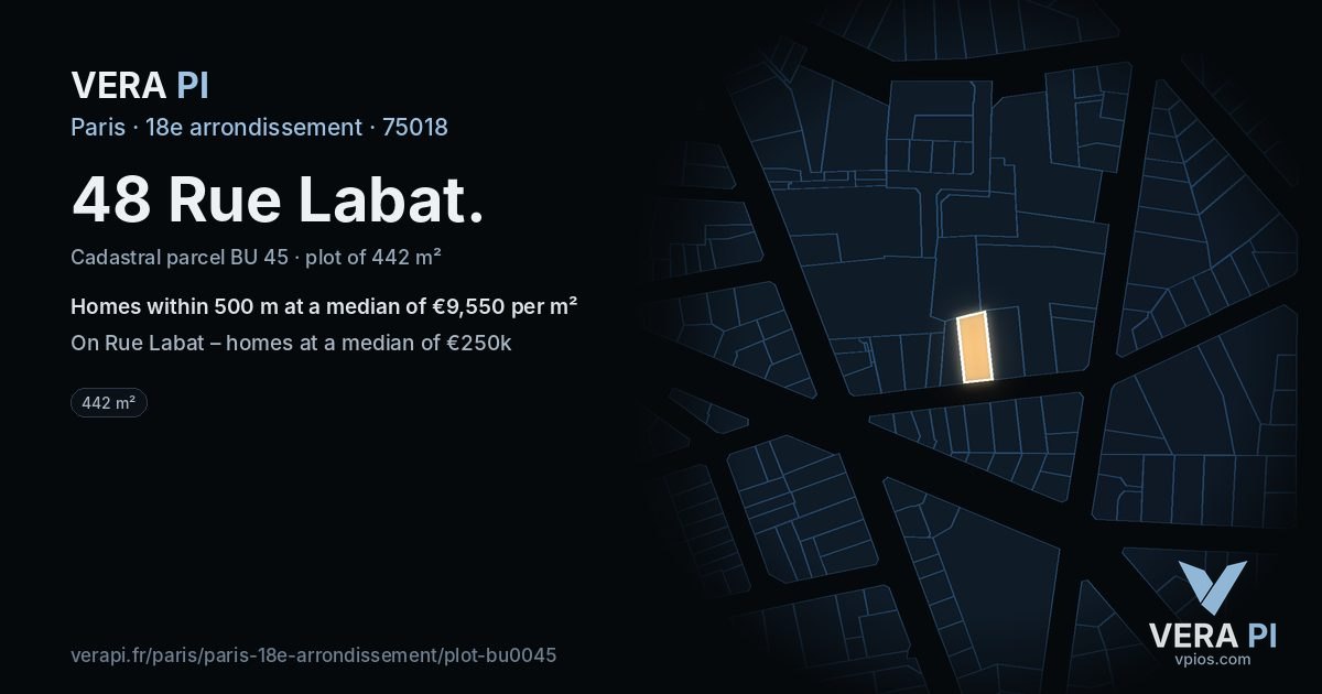 48 Rue Labat, 18e arrondissement at night – the plot lit, the parcels around coloured by the prices near them