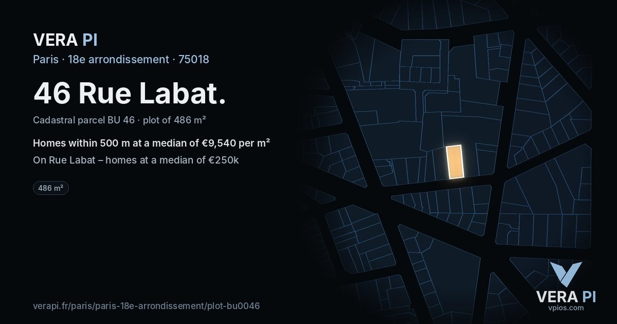 46 Rue Labat, 18e arrondissement at night – the plot lit, the parcels around coloured by the prices near them