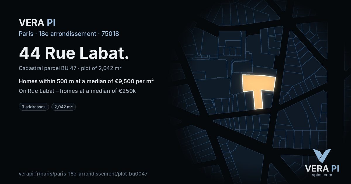 44 Rue Labat, 18e arrondissement at night – the plot lit, the parcels around coloured by the prices near them