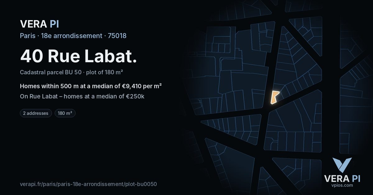 40 Rue Labat, 18e arrondissement at night – the plot lit, the parcels around coloured by the prices near them