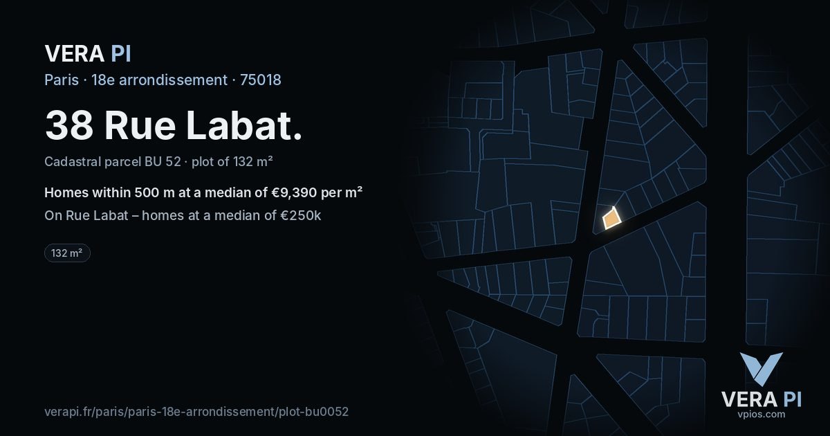 38 Rue Labat, 18e arrondissement at night – the plot lit, the parcels around coloured by the prices near them