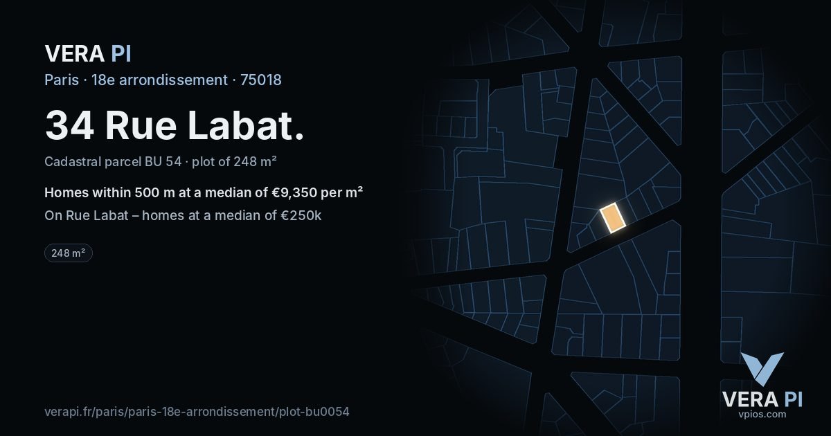 34 Rue Labat, 18e arrondissement at night – the plot lit, the parcels around coloured by the prices near them