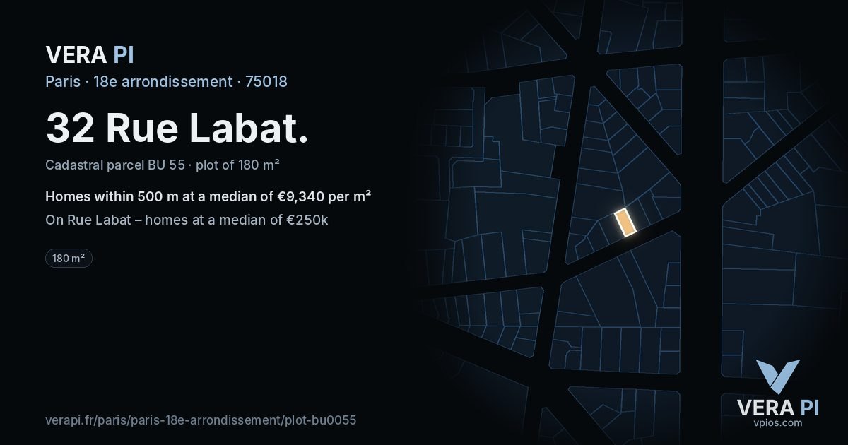 32 Rue Labat, 18e arrondissement at night – the plot lit, the parcels around coloured by the prices near them