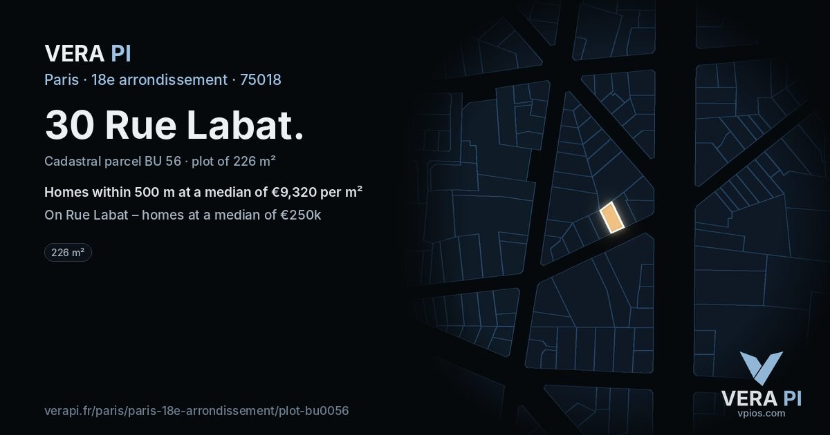 30 Rue Labat, 18e arrondissement at night – the plot lit, the parcels around coloured by the prices near them