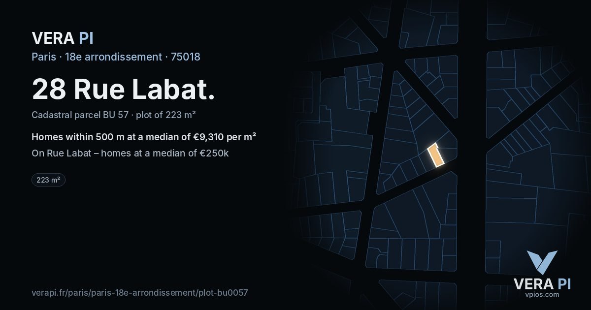 28 Rue Labat, 18e arrondissement at night – the plot lit, the parcels around coloured by the prices near them