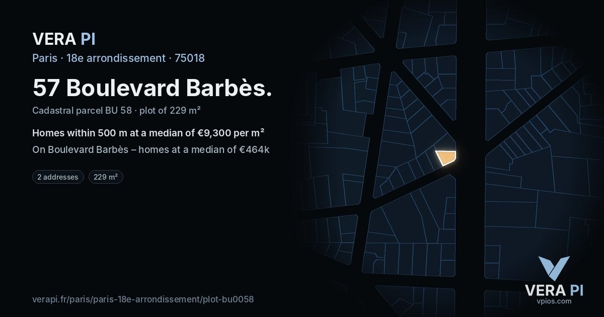 57 Boulevard Barbès, 18e arrondissement at night – the plot lit, the parcels around coloured by the prices near them