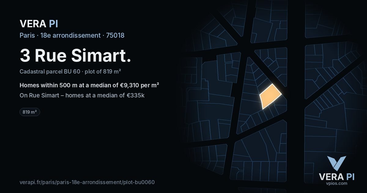 3 Rue Simart, 18e arrondissement at night – the plot lit, the parcels around coloured by the prices near them