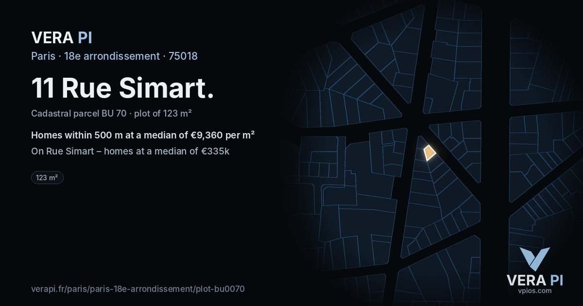 11 Rue Simart, 18e arrondissement at night – the plot lit, the parcels around coloured by the prices near them