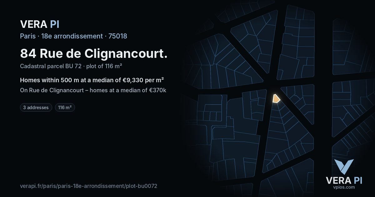 84 Rue de Clignancourt, 18e arrondissement at night – the plot lit, the parcels around coloured by the prices near them