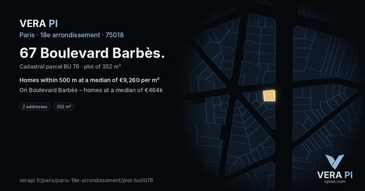 67 Boulevard Barbès, 18e arrondissement at night – the plot lit, the parcels around coloured by the prices near them