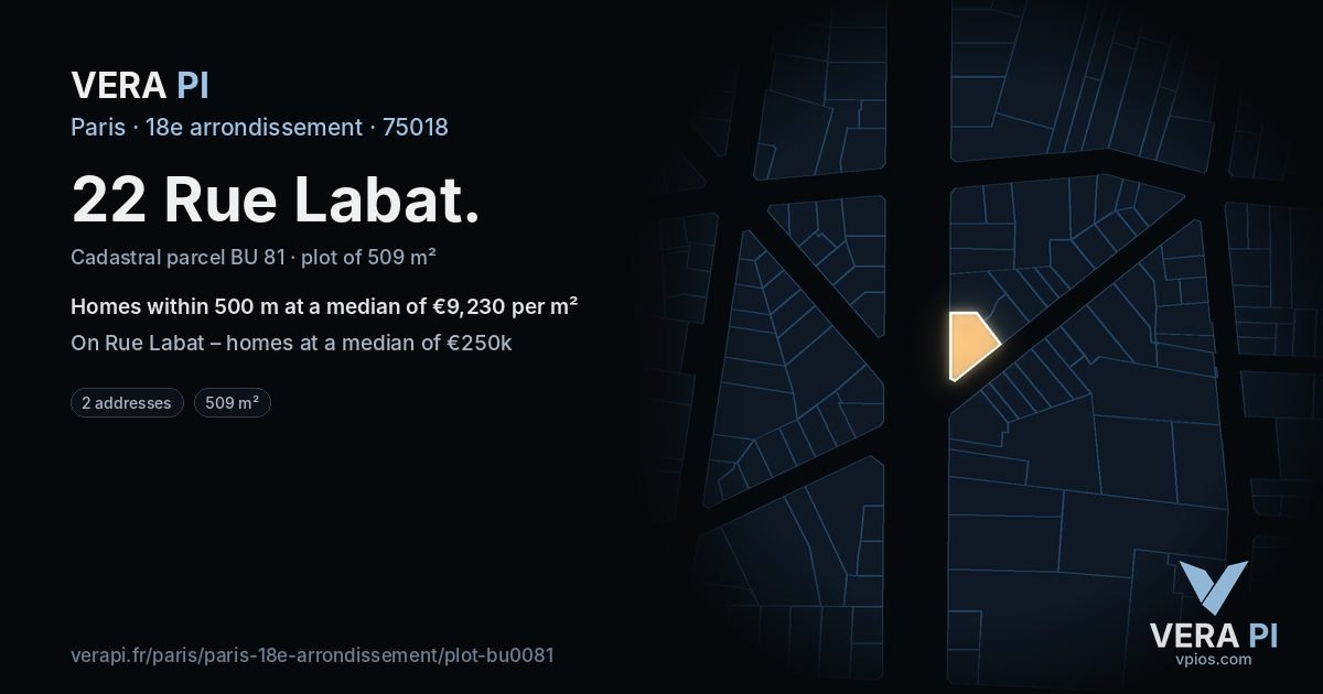 22 Rue Labat, 18e arrondissement at night – the plot lit, the parcels around coloured by the prices near them