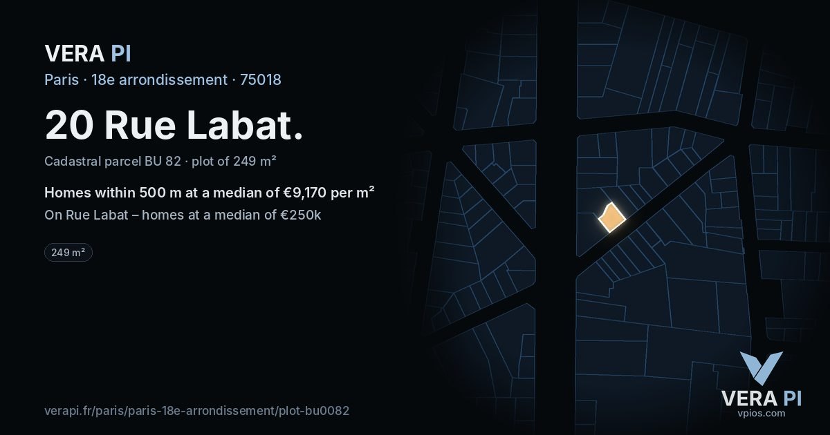 20 Rue Labat, 18e arrondissement at night – the plot lit, the parcels around coloured by the prices near them
