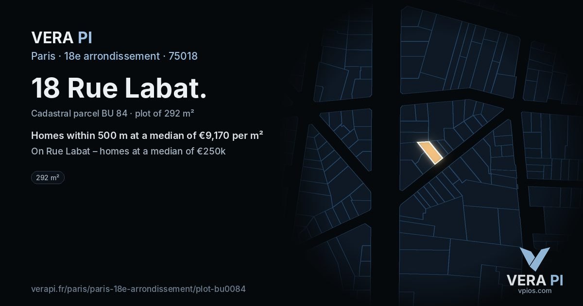 18 Rue Labat, 18e arrondissement at night – the plot lit, the parcels around coloured by the prices near them