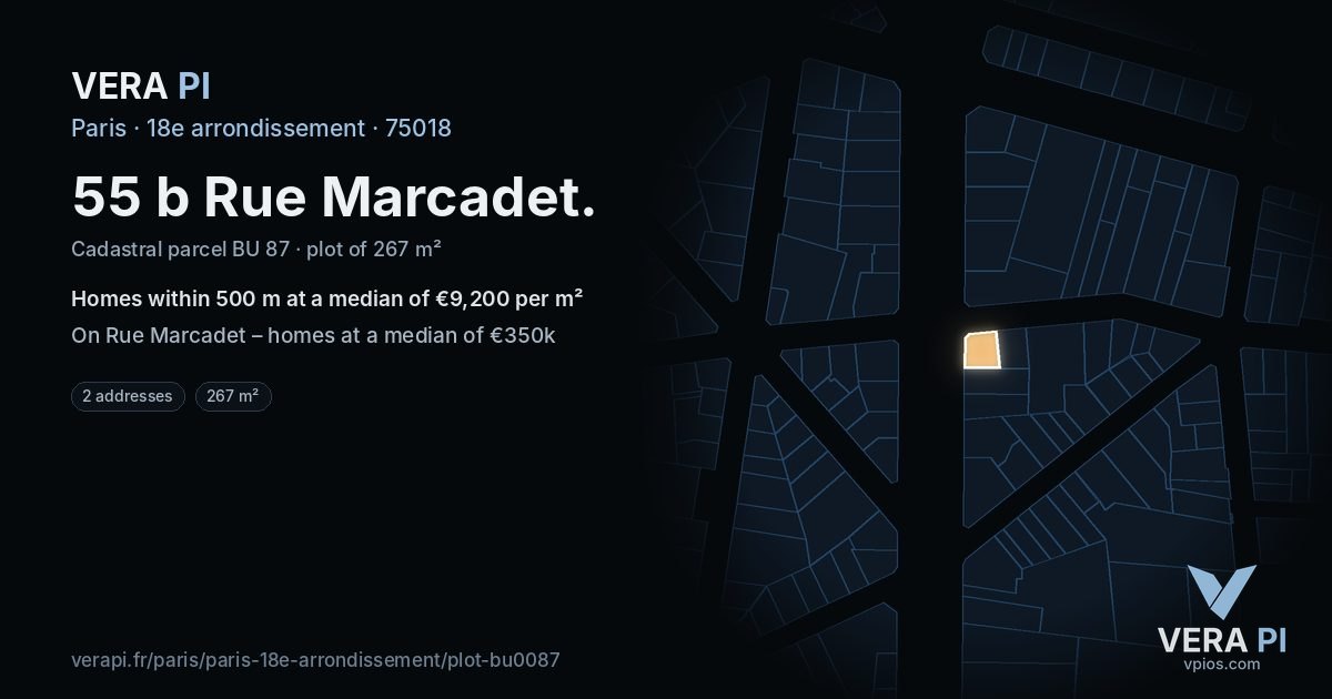 55 b Rue Marcadet, 18e arrondissement at night – the plot lit, the parcels around coloured by the prices near them