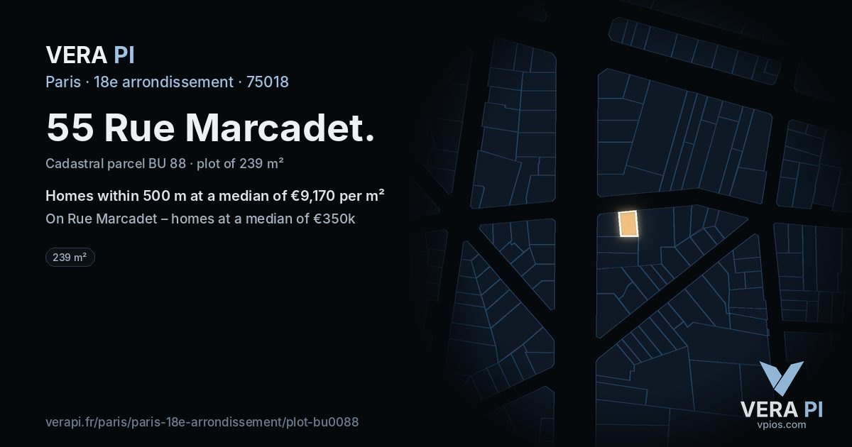 55 Rue Marcadet, 18e arrondissement at night – the plot lit, the parcels around coloured by the prices near them