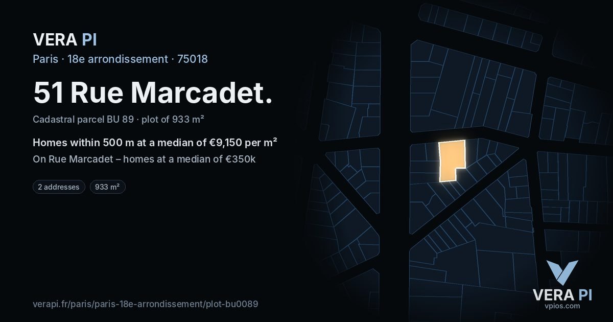 51 Rue Marcadet, 18e arrondissement at night – the plot lit, the parcels around coloured by the prices near them