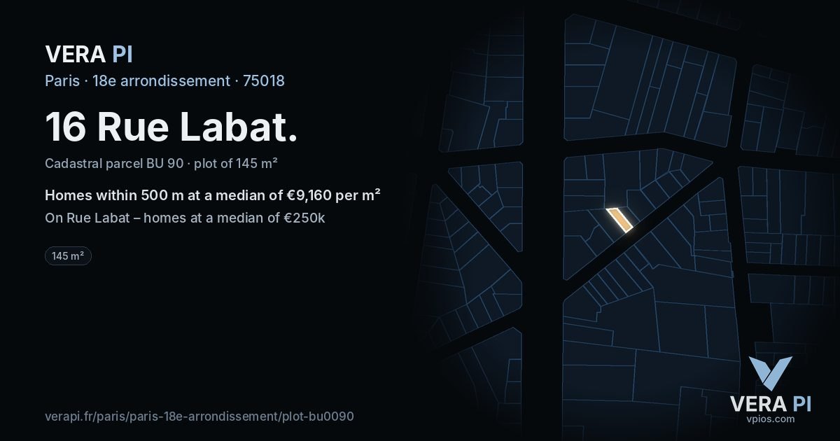 16 Rue Labat, 18e arrondissement at night – the plot lit, the parcels around coloured by the prices near them
