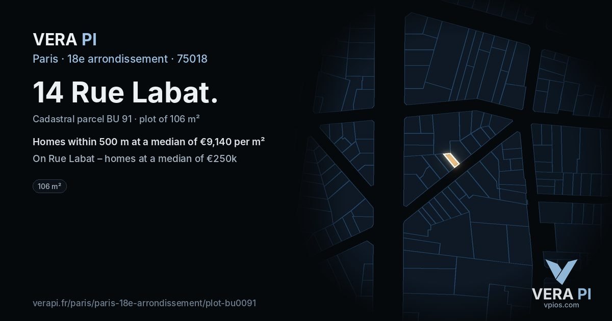14 Rue Labat, 18e arrondissement at night – the plot lit, the parcels around coloured by the prices near them