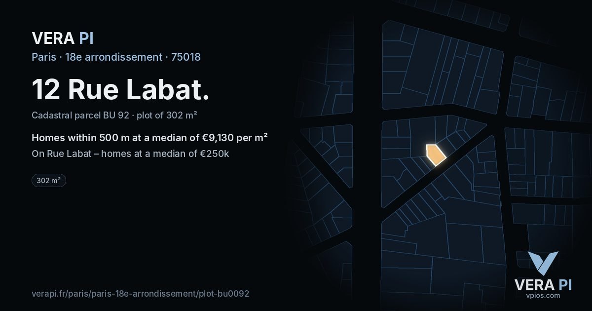 12 Rue Labat, 18e arrondissement at night – the plot lit, the parcels around coloured by the prices near them