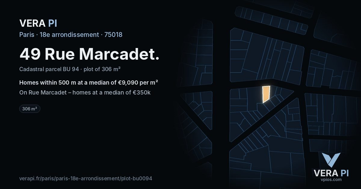 49 Rue Marcadet, 18e arrondissement at night – the plot lit, the parcels around coloured by the prices near them