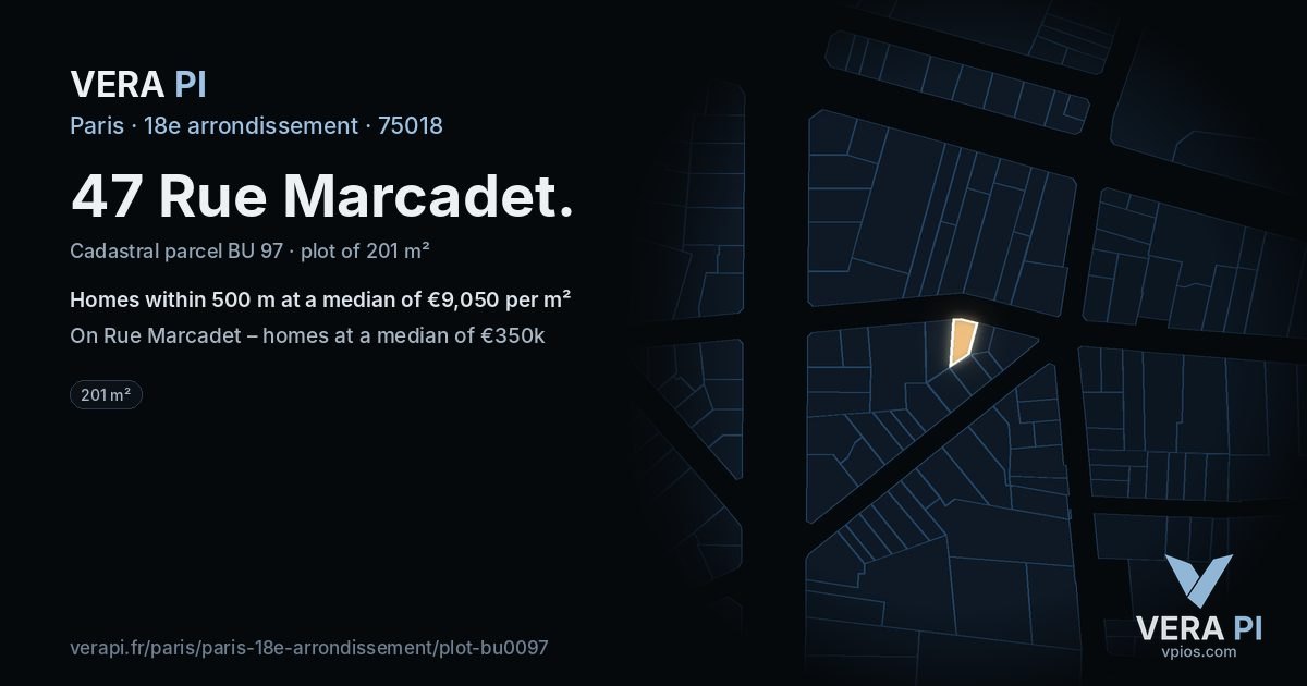 47 Rue Marcadet, 18e arrondissement at night – the plot lit, the parcels around coloured by the prices near them