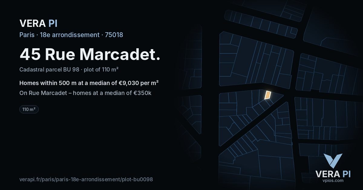 45 Rue Marcadet, 18e arrondissement at night – the plot lit, the parcels around coloured by the prices near them