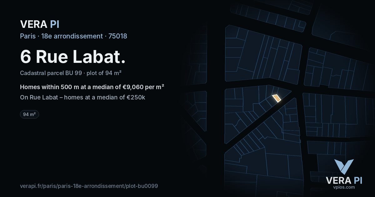 6 Rue Labat, 18e arrondissement at night – the plot lit, the parcels around coloured by the prices near them
