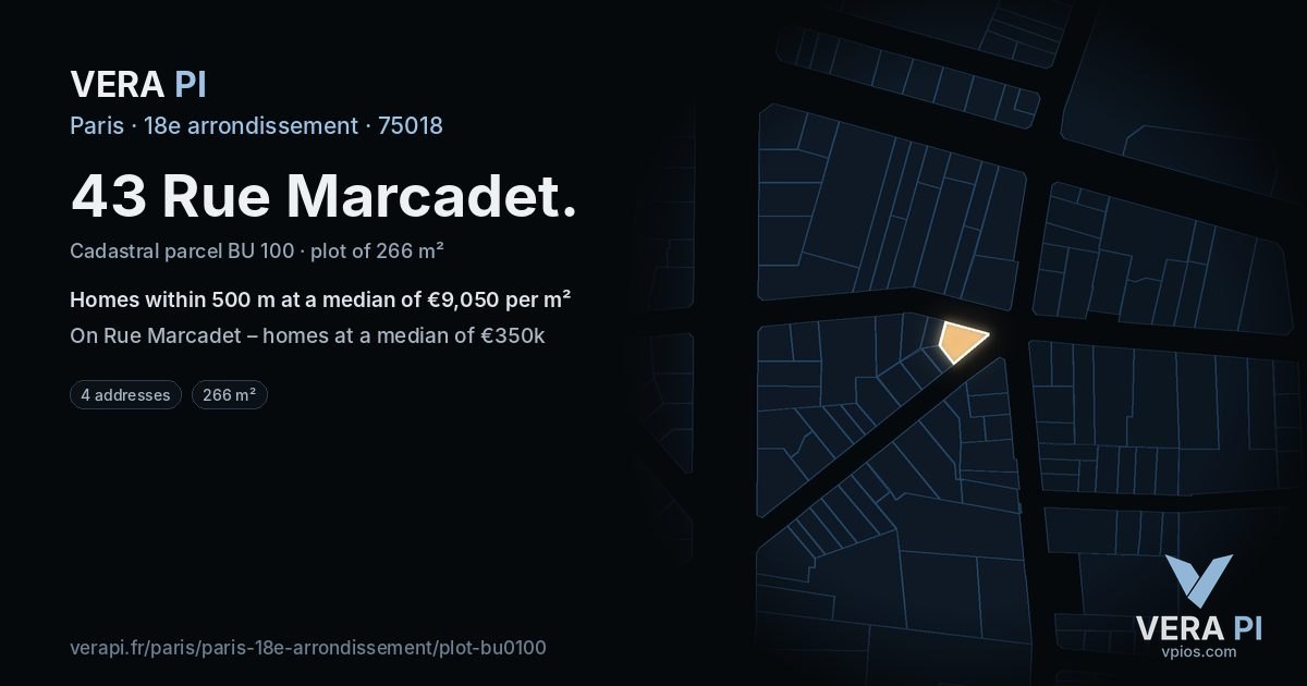 43 Rue Marcadet, 18e arrondissement at night – the plot lit, the parcels around coloured by the prices near them