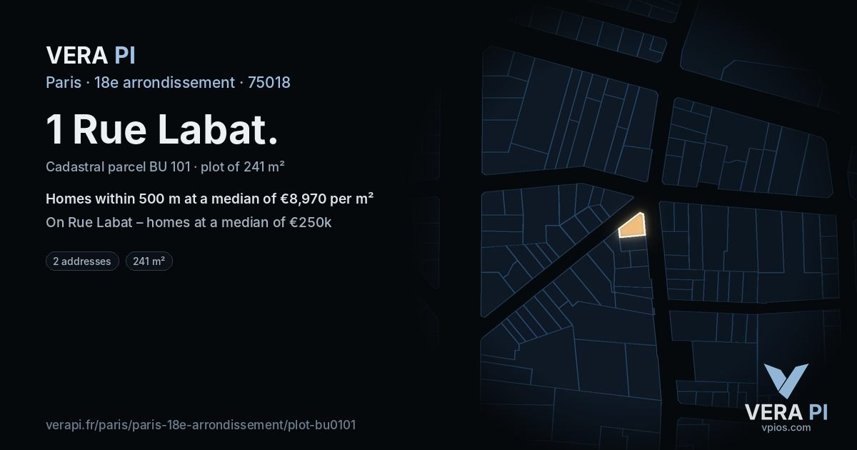 1 Rue Labat, 18e arrondissement at night – the plot lit, the parcels around coloured by the prices near them
