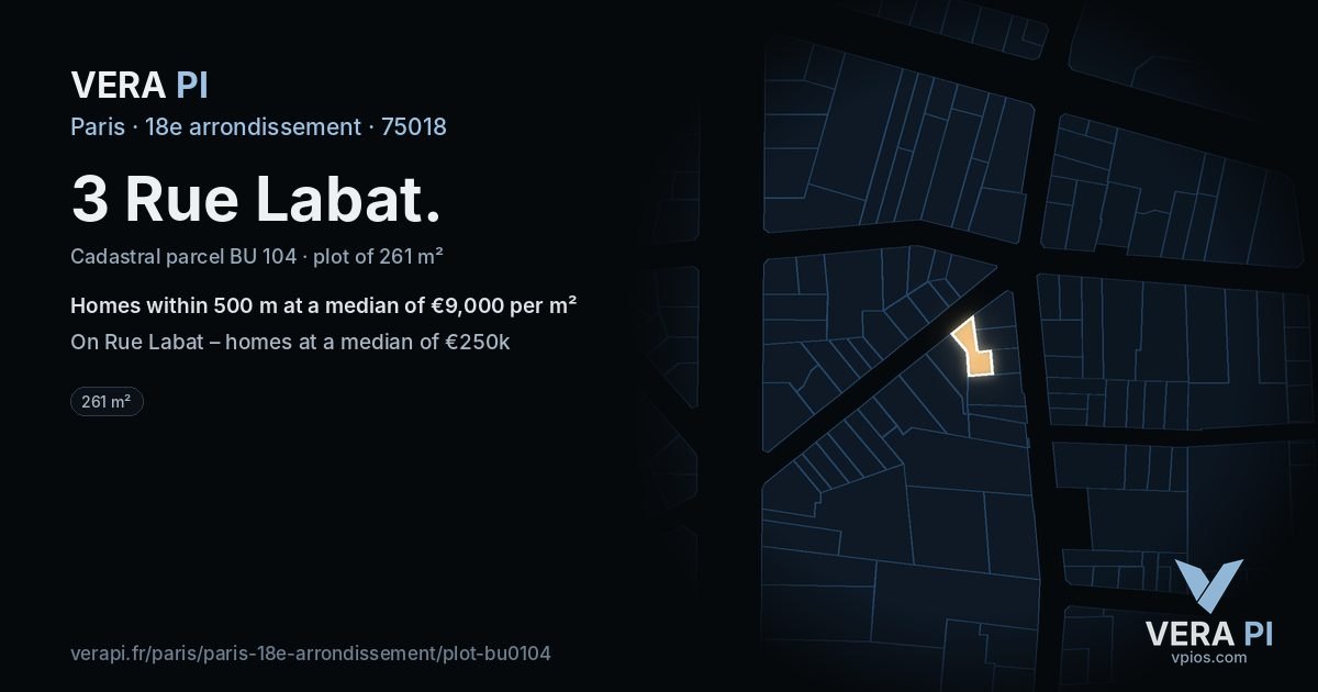 3 Rue Labat, 18e arrondissement at night – the plot lit, the parcels around coloured by the prices near them