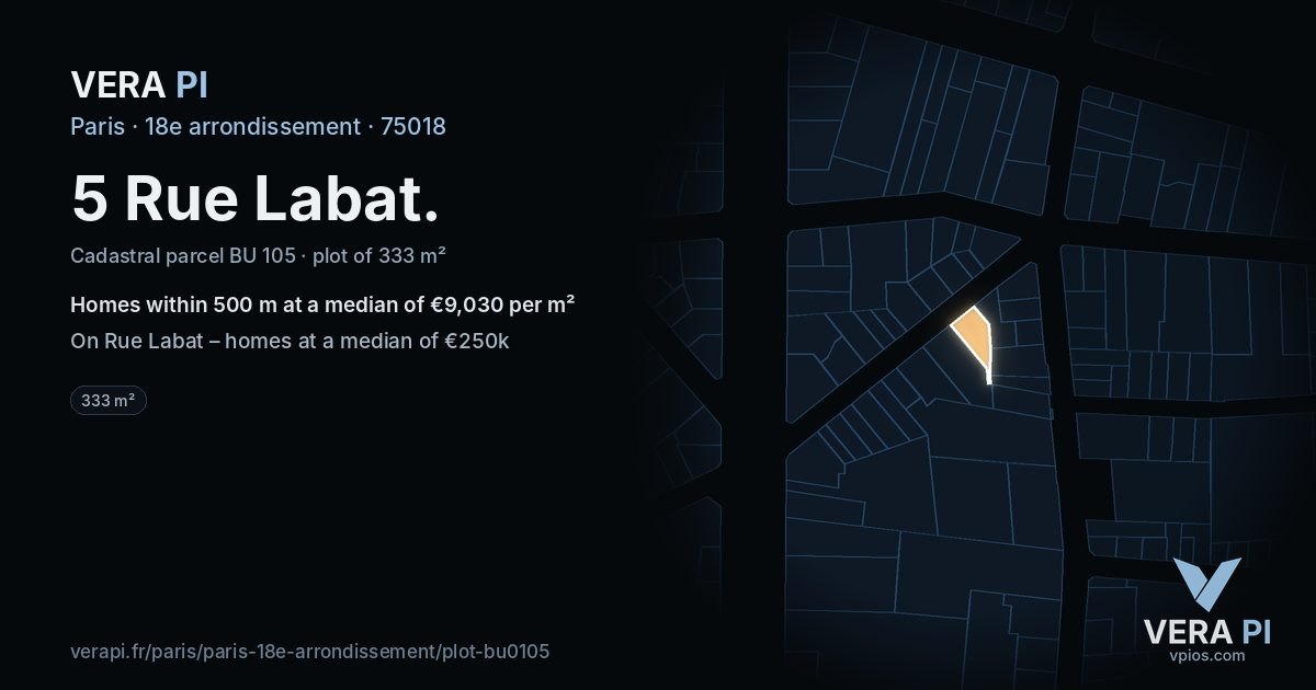 5 Rue Labat, 18e arrondissement at night – the plot lit, the parcels around coloured by the prices near them