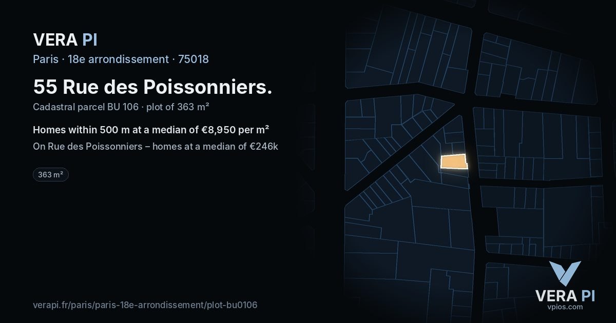 55 Rue des Poissonniers, 18e arrondissement at night – the plot lit, the parcels around coloured by the prices near them
