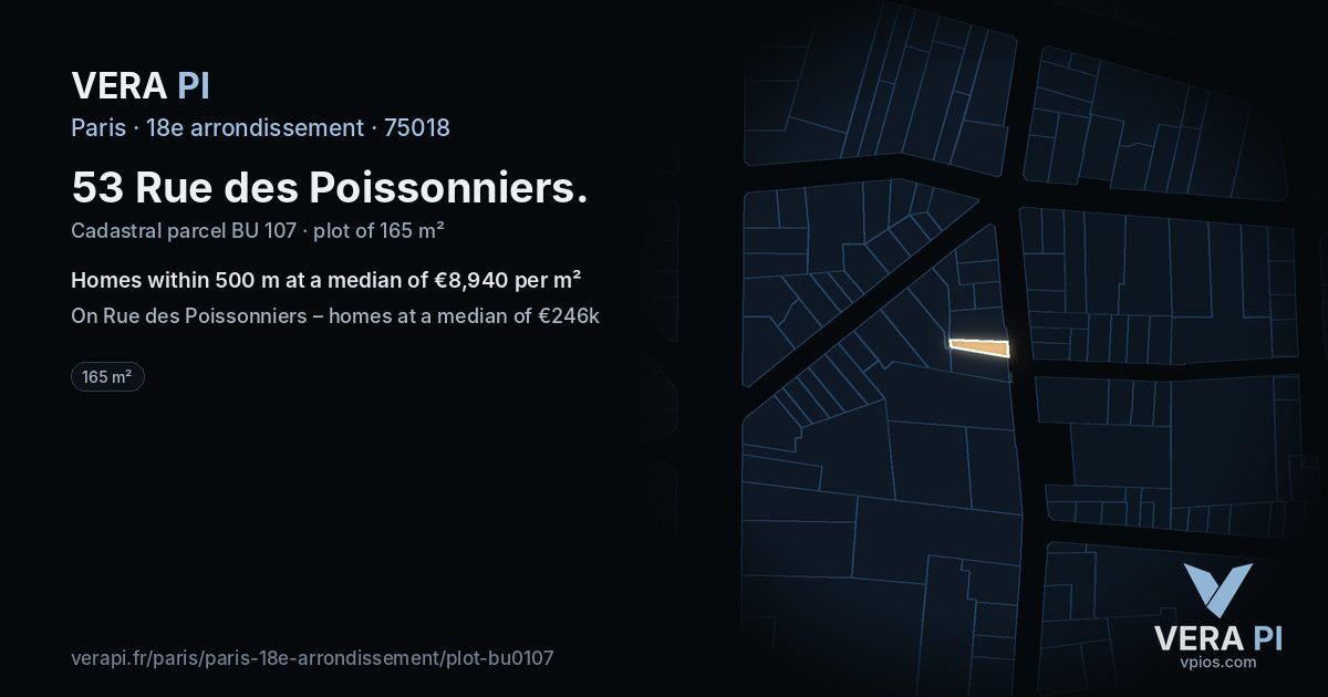 53 Rue des Poissonniers, 18e arrondissement at night – the plot lit, the parcels around coloured by the prices near them