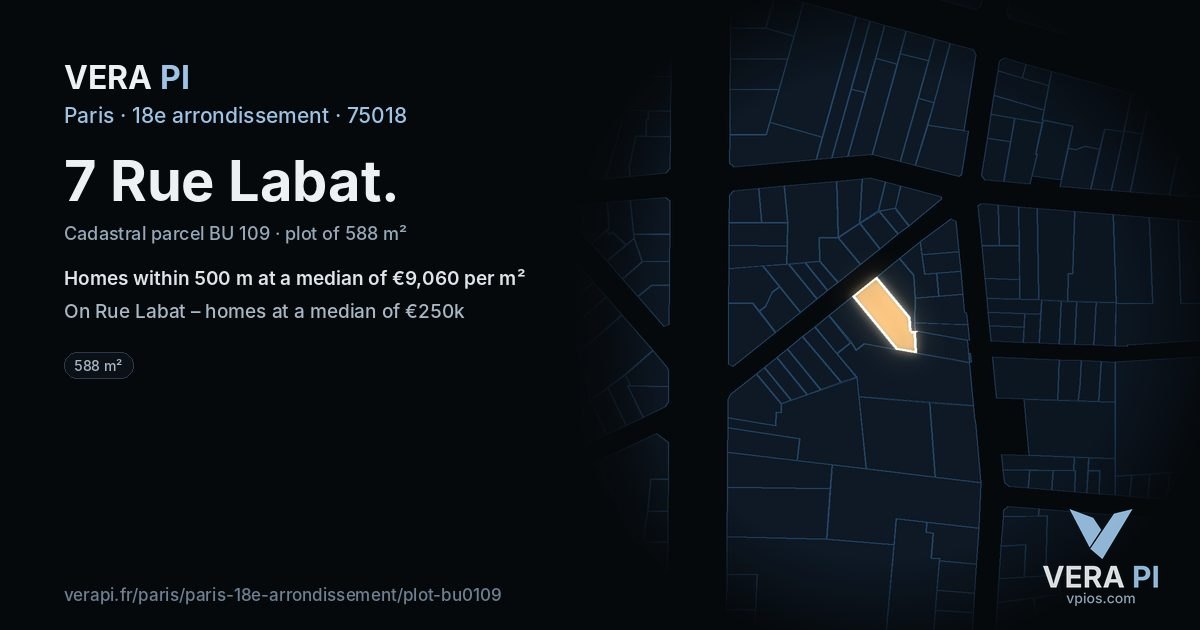 7 Rue Labat, 18e arrondissement at night – the plot lit, the parcels around coloured by the prices near them