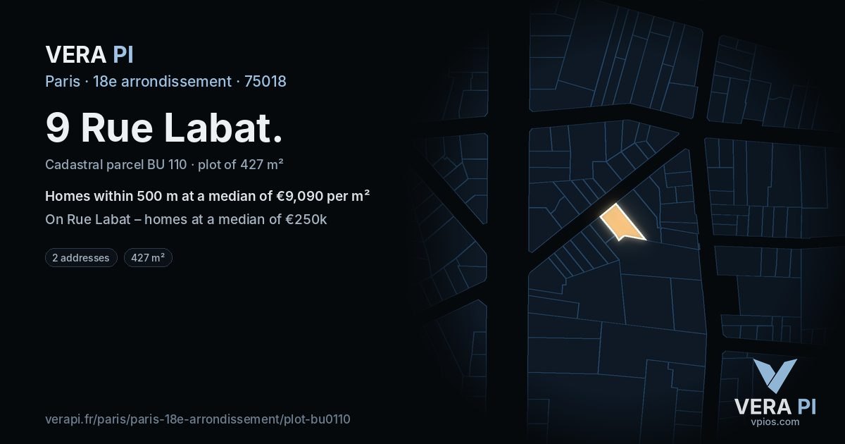 9 Rue Labat, 18e arrondissement at night – the plot lit, the parcels around coloured by the prices near them