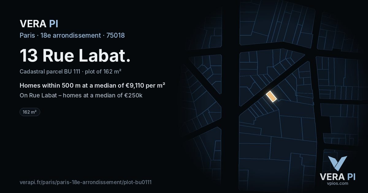 13 Rue Labat, 18e arrondissement at night – the plot lit, the parcels around coloured by the prices near them