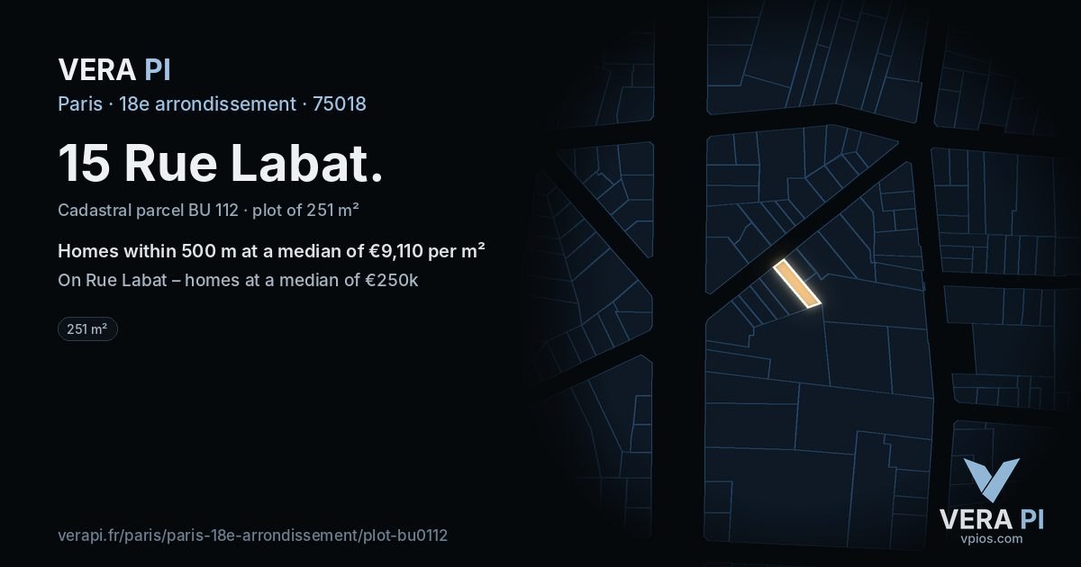 15 Rue Labat, 18e arrondissement at night – the plot lit, the parcels around coloured by the prices near them