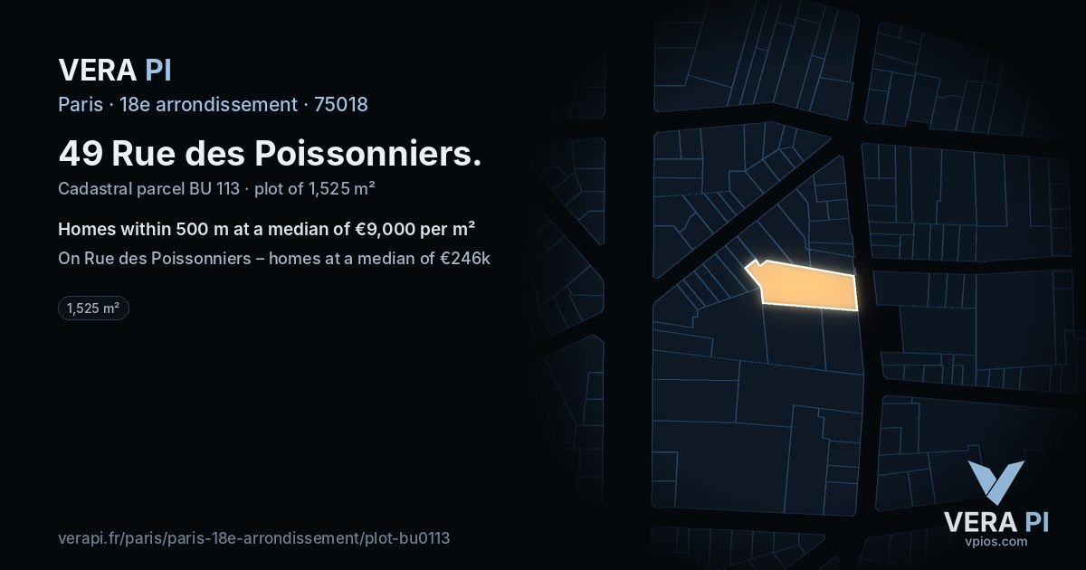 49 Rue des Poissonniers, 18e arrondissement at night – the plot lit, the parcels around coloured by the prices near them