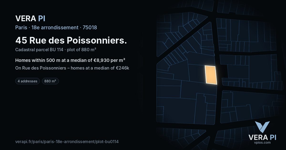 45 Rue des Poissonniers, 18e arrondissement at night – the plot lit, the parcels around coloured by the prices near them