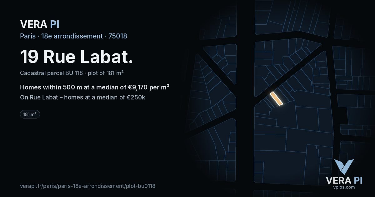 19 Rue Labat, 18e arrondissement at night – the plot lit, the parcels around coloured by the prices near them