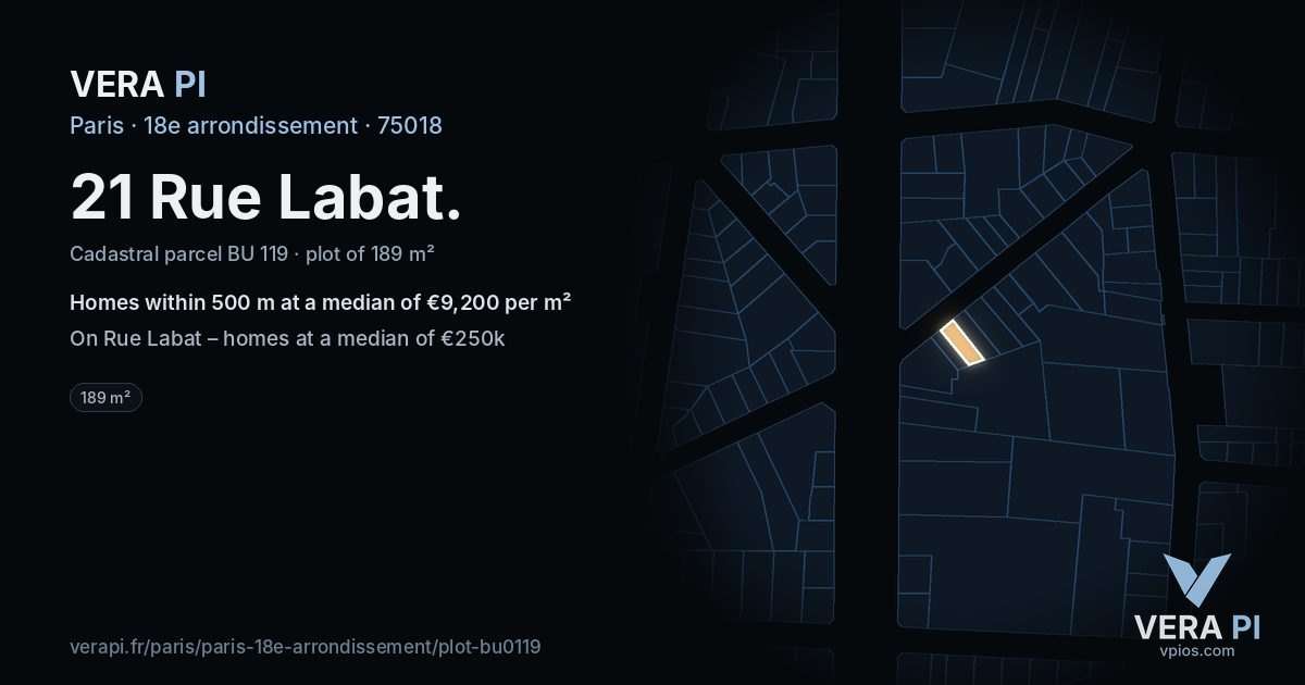 21 Rue Labat, 18e arrondissement at night – the plot lit, the parcels around coloured by the prices near them