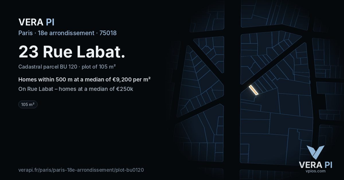 23 Rue Labat, 18e arrondissement at night – the plot lit, the parcels around coloured by the prices near them