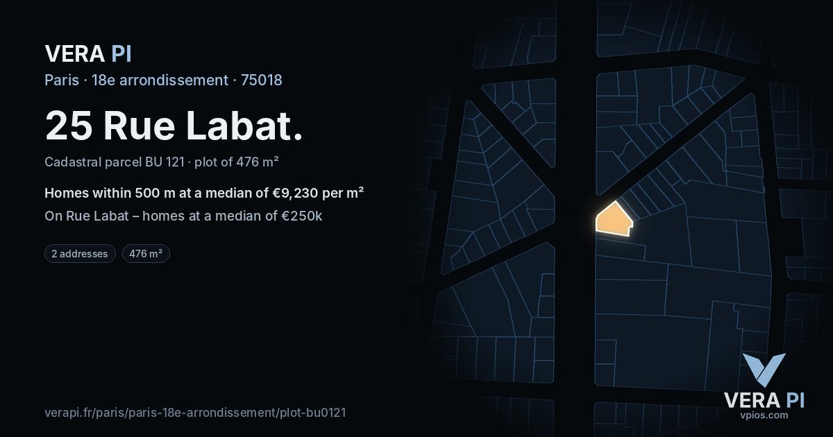 25 Rue Labat, 18e arrondissement at night – the plot lit, the parcels around coloured by the prices near them