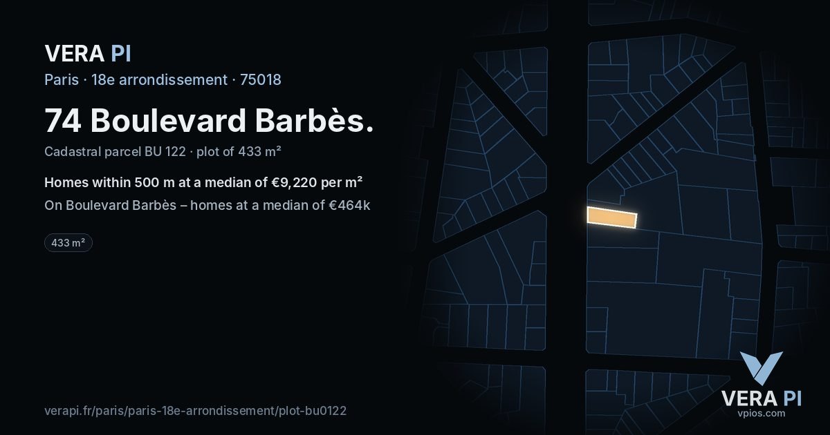 74 Boulevard Barbès, 18e arrondissement at night – the plot lit, the parcels around coloured by the prices near them