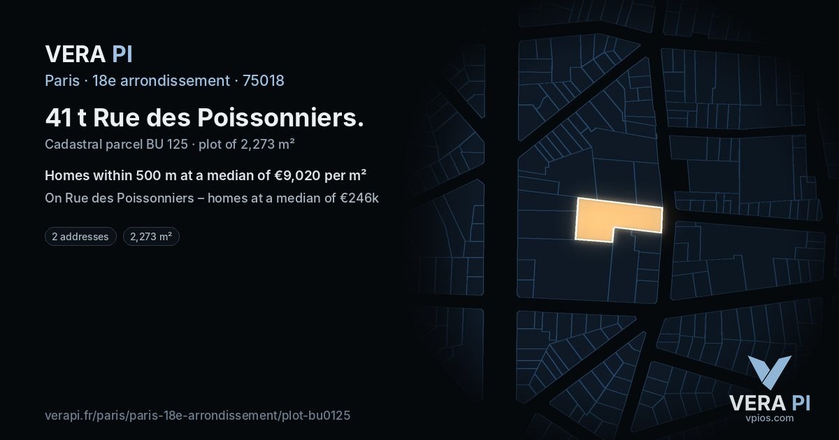 41 t Rue des Poissonniers, 18e arrondissement at night – the plot lit, the parcels around coloured by the prices near them